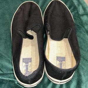 Black Slip-On Loafers with Canvas Material and Rubber Soles
